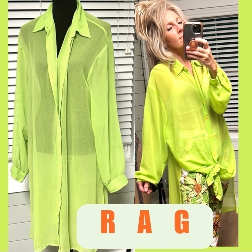 RAG, Exceptional Clothier, Neon Lime-Green Button-Front Tunic Top Execell. Cond. - Picture 2 of 8